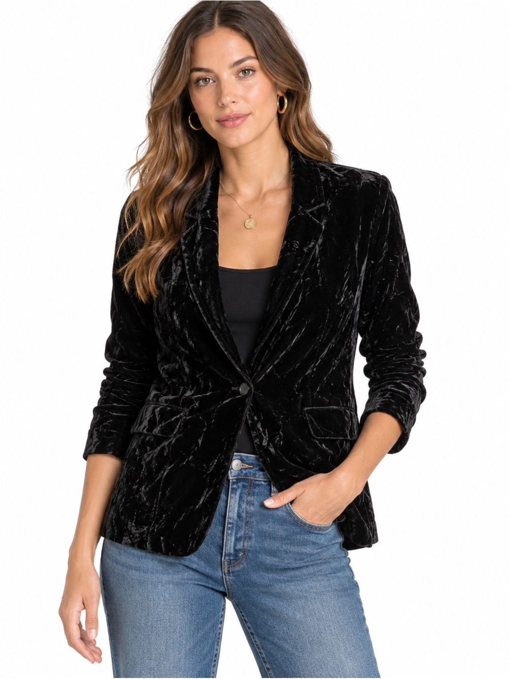 Lucky Brand Womens 4 Black Crushed Velvet Blazer One Button Jacket Boho Holiday